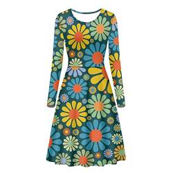 Belidome Damenkleider Casual Midi Langarm A Linie für Frühling Herbst Freizeitkleid, Abstrakte Hippie-Blume, L von Belidome