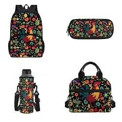 Belidome Reiserucksack Set für Schüler Schule Handtasche Trinkflasche Cover Stifteetui, Blumenhahn, Einheitsgröße, Kinderrucksack von Belidome