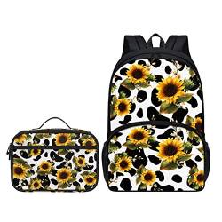 Belidome Rucksack Lunchtasche Schule Büchertasche für Kinder Mädchen Jungen Rucksack 2 in 1, Sonnenblumen-Kuh-Aufdruck, Einheitsgröße, Kinderrucksack von Belidome