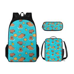 Belidome Rucksack und Lunchtasche Set mit Federmäppchen für Kinder und Erwachsene, Schulbuchtaschen-Set, 3-teiliges Reise-Tagesrucksack, Capybara, Einheitsgröße, Schulranzen-Set von Belidome