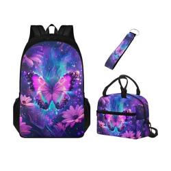 Belidome Rucksack und Lunchtasche für Mädchen und Jungen, Set mit Schlüsselanhänger für Kinder, Kleinkinder, Schule, Büchertasche, 3-in-1, Galaxy Butterfly, Einheitsgröße von Belidome