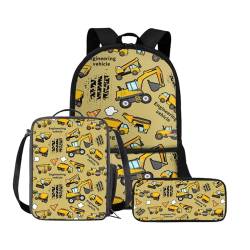 Belidome Schulranzen und Lunchtaschen-Set für Mädchen und Jungen, mit Federmäppchen, 3-teilig, Doppelreißverschluss, Rucksack, Tagesrucksack, Rucksack, Technik-Truck-Druck, Einheitsgröße, von Belidome