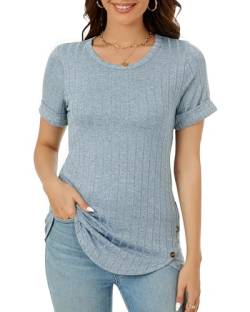 BellaDila Damen Sommer Casual Rundhals Kurzarm T Shirt Knöpfe Elegant Bluse T-Shirt Tunika Top 2024, Himmelblau, XXL von BellaDila