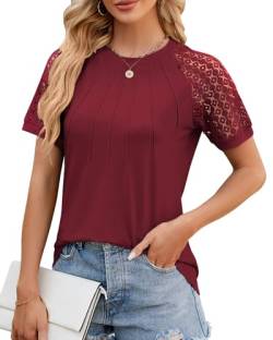 BellaDila Damen Sommer Spitze Kurzarm T-Shirt Rundhals Elegant Vorne Plissee Bluse Locker Top Tunika Oberteile 2024, Weinrot, XL von BellaDila