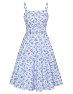 Belle Poque Damen Sommer Floral Kleider Elegant Gesmoktes Trägerkleid in A-Linie Swingkleid Lässiges FerienStrandkleid Blau Blumen L von Belle Poque