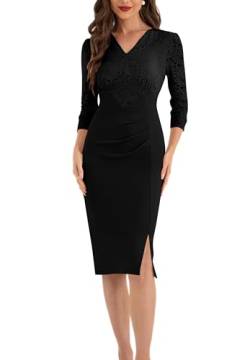 Belle Poque Damen Vintage 3/4 Ärmel Spitzenkleid V-Ausschnitt Bodycon Bleistiftkleid Knielang Cocktailkleid Schwarz 38 von Belle Poque