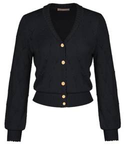 Damen Retro Strickjacke Kurz V-Ausschnitt Elegant Cardigan Knopfleiste Bolero Sommer Schwarz XXL von Belle Poque