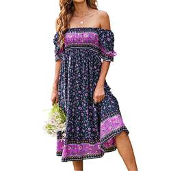 Sommerkleid Damen Boho Kleid Kurzarm Quadratischer Kragen A-Linie Blumen Schwingen maxikleid Rüschendekoration Lose einteiliger Kuchenrock Cocktailkleid(XL,Stil D) von Bellezasourire