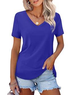 Beluring Damen Kurzarm Oberteile Casual V-Ausschnitt Flacher Saum Tops Weiche Bequeme Bluse Blau S von Beluring