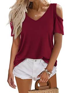 Beluring Damen Schulterfrei Oberteile Sommer Sexy V Ausschnitt Kurzarm Shirt Burgund M von Beluring