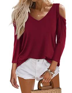 Beluring Damen Sexy Oberteile Offene Schulter T-Shirts Langarmshirt Burgund L von Beluring