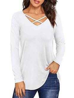 Beluring Damen V-Ausschnitt Criss Cross Tops Solid Curved Hem T-Shirts Weiß M von Beluring