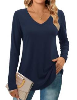 Beluring Oberteile Damen Elegant Langarm T-Shirt V-Ausschnitt Einfarbig Tunika Bluse Marineblau XL von Beluring