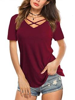 Beluring Oberteile Damen Elegant Sommer V Ausschnitt Kurzarmshirt Locker Lang Tshirt, Weinrot S von Beluring