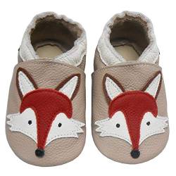 Bemesu Baby Krabbelschuhe Lauflernschuhe Lederpuschen Kinder Hausschuhe aus weichem Leder für Mädchen und Jungen Beige Fuchs (S, EU 18-19) von Bemesu