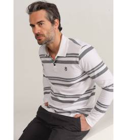 Bendorff für Herren. 830545278 Langärmeliges gestreiftes Poloshirt mit weißem Jacquard-Kragen (L), Lässig, Baumwolle, Langarm von Bendorff