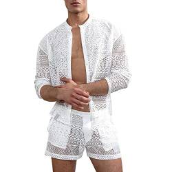 Herren Top Shorts Anzug Set Hemd Shorts hohl einfarbig Spitze Outfit für Hochzeit Nacht Flitterwochen Pyjama Set sexy Strand Urlaub Shirt Set Männer Hochzeitsgeschenk von Beokeuioe