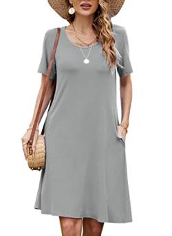 Bequemer Laden Damen Casual Sommer Tshirt Kleid Locker Rundhals Kurzarm Midi Kleider Knielang Elegant Sommerkleid Strandkleid mit Taschen, A Grau, S von Bequemer Laden