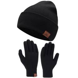 Bequemer Laden Herren Damen Winter Warm Beanie Mütze Touchscreen Handschuhe Set, Wintermütze Strickmütze Winterhandschuhe mit Fleece Gefütterte, Schwarz, Einheitsgröße von Bequemer Laden