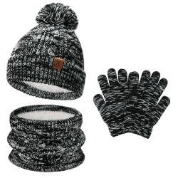 Bequemer Laden Kinder Winter Warm Beanie Mütze Handschuhe Loop Schal Set Wintermütze Strickmütze Schlauchschal Winterhandschuhe für 5-8 Jahre Mädchen Jungen, Schwarz Weiß von Bequemer Laden