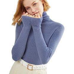 Berax Damen Pullover Rollkragen Strickpullover Basic Frühling Herbst Dünn Strickpulli Elegant Langarmshirt,Blau Large von Berax