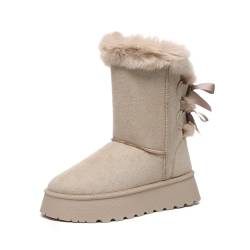 Bernal Halbwadenlange Schneestiefel für Damen, mit Fliege, Kunstfell, gefüttert, Slipper, Winter, warm, bequem, Outdoor, Kaltschneestiefel, Beige, 40.5 EU von Bernal