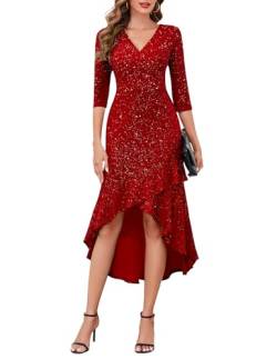 Berylove Hochzeitsgast Kleid Damen Abendkleider Lang Mit Ärmeln Hochzeitskleider Frauen Kleider Luxus Glitzer Kleider Für Damen Rot Kleid BLP7065 Red 2XL von Berylove