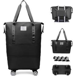 Reisetasche Mit Rollen Damen Erweiterbare, Abnehmbare RäDer, Carry On Bag Wasserdicht, VerschleißFest, Tasche Weekender Geeignet FüR Camping,Black von BesBet