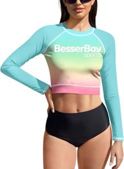 BesserBay Damen Badeanzug Druck Surf Shirt Sonnenschutz UPF 50+ Bauchfrei UV Shirts Blau Rash Guard XL von BesserBay