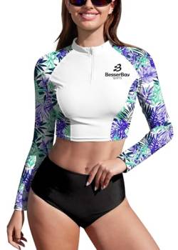 BesserBay Damen Schwimmen Shirt Surf Shirt Weiß Violett Langarm 1/4 Zip UPF 50+ Bauchfrei UV Shirts Rash Guard L von BesserBay