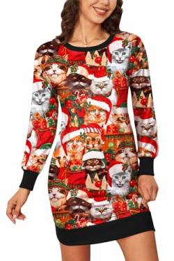 BesserBay Weihnachten Damen Party Kleid Lustige Drucke Christmas Langarm Rundhals Weihnachtskleid Katzen XXL von BesserBay