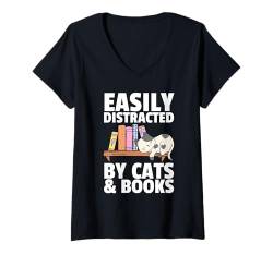 Damen Am besten leicht abgelenkt von Katzen und Büchern Kunst für Männer und Frauen T-Shirt mit V-Ausschnitt von Best Bookworm Gift Library Apparel