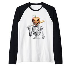 Lustiges Kürbisskelett, das Halloween als Baseballspieler Raglan von Best Of Halloween