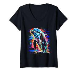 Damen Lustiges Delfin Sommer Retro Delfine Strand Urlaub Beach T-Shirt mit V-Ausschnitt von Besten Tier Motive aller Art - Kunstwerk AnimalArt