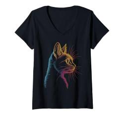 Damen Regenbogen Katzen Silhouette Tierliebhaber Süße Katze Kunst T-Shirt mit V-Ausschnitt von Besten Tier Motive aller Art - Kunstwerk AnimalArt