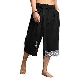 Bewellan Japanische Kimono-Traditionelle Hose für Herren, asiatische Kleidung, Badehose, lässig, locker, männlich, japanischer Stil, Leinen, kurze Hose, Schwarz, 4XL, Gewicht 9095 kg von Bewellan