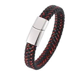 Beydodo Leder Armband Männer Personalisiert, Partnerarmbänder Leder Gewebt 12MM mit Magnetverschluss Charm Armband Schwarz Rot 18.5CM von Beydodo