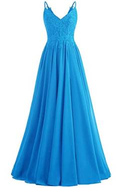 Beyonddress Damen V-Ausschnitt Abendkleider Elegant Chiffon Ballkleid Spitzen Applikationen Brautjungfernkleider Abschlussballkleid(Blau,46) von Beyonddress