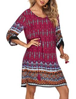 Beyove Damen Bohemian Tunika Kleid Strandkleid Tunikakleider Vintage Strandtunika 3/4-Arm Rundhals Kleid Blumenmuster Kurzes Sommerkleider Tops Muster 8 S von Beyove