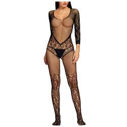 BiCophy Damen Unterwäschen Reizwäsche Netz Strumpfhose Bodystockings Hohle Blumen Frauen Bodysuit Nachtwäsche Dessous Sexy Netz Catsuit feine Spitze Overall Langarm offen im Schritt Schwarz von BiCophy