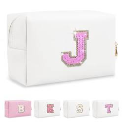 Biileen Kleine personalisierte Make-up-Tasche mit Initialbuchstaben, Weißes Leder, roserierter Buchstabe, J von Biileen