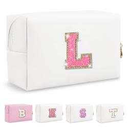 Biileen Personalisierte Make-up-Tasche mit Initiale, klein, niedlich, Reise-Chenille-Brieftasche, Glitzernde rosa/weiße Buchstabe, L von Biileen