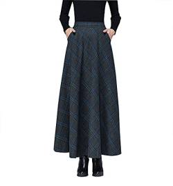 Damen Lange Rock Elegant Wollrock Winterrock Warm Plaid Casual Party Maxirock Hohe Taille A-Linie röcke Retro Elastische Taille Faltenrock Grau Blau -XXXL von BiilyLi