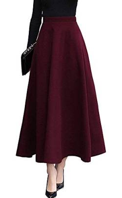 Rock Damen Lange Elegant Wollrock Winterrock Warm Casual Maxirock Hohe Taille A-Linie röcke Retro Elastische Taille Faltenrock Rotwein 1068 -S von BiilyLi