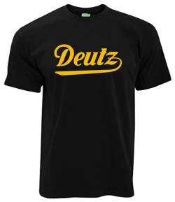 Deutz T-Shirt Oldtimer Logo Standmotor Herrenshirt Kurzarm Rundkragen gelber Brustdruck | Schwarz | Größe 3XL von Bimaxx