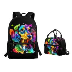 Binienty 2-teiliges Rucksack-Set mit Lunchtasche für Kinder, Kleinkinder, Mädchen, Jungen, Schule, Büchertasche, Aquarell-Dackel, Einheitsgröße, Kinderrucksack von Binienty