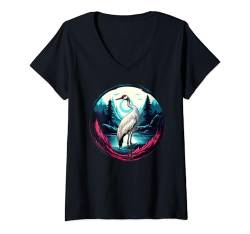 Damen Kranich-Vogel-Design Illustration T-Shirt mit V-Ausschnitt von Birds Crane Funny Design Ideas