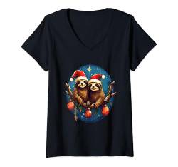 Damen Niedliche Weihnachts-Faultiere und Urlaubstierkunst T-Shirt mit V-Ausschnitt von Birdsnstuff (Anjeanette Hail)