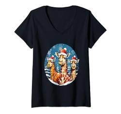 Damen Weihnachtliche Giraffen-Illustration und festliche Tierkunst T-Shirt mit V-Ausschnitt von Birdsnstuff (Anjeanette Hail)