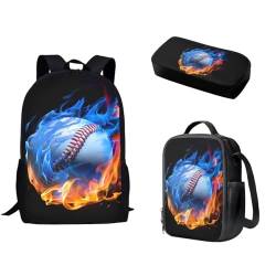 Biyejit Kinder-Rucksack für Teenager, Mädchen, Jungen, Schultasche, Schultasche, Büchertasche, Lunchbox, Federmäppchen, 3-in-1, Flammen-Baseball, Einheitsgröße von Biyejit